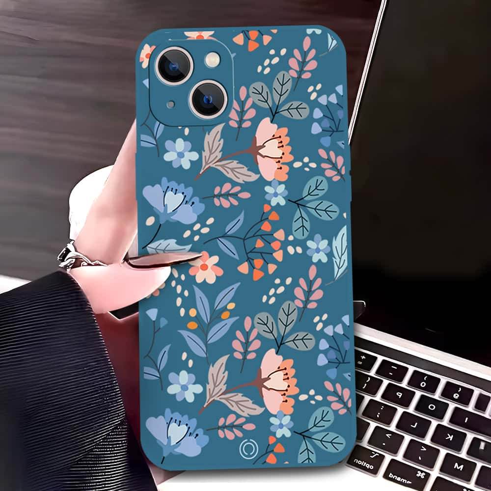 iPhone 13 Cover - Blue - D1 - ONation Floral Series - HQ Liquid Silicone Soft Case - Futurestore.pk