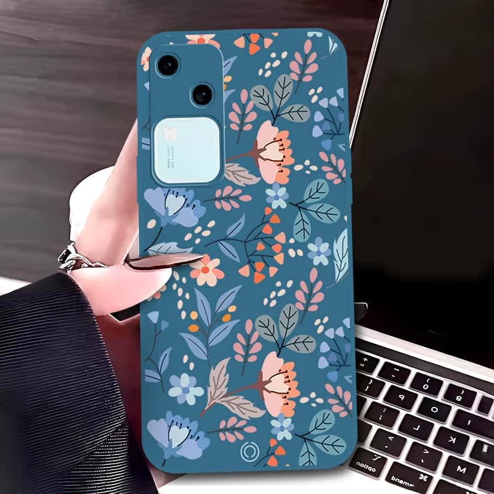 Vivo V30 Cover - Blue - D1 - ONation Floral Series - HQ Liquid Silicone Soft Case - Futurestore.pk