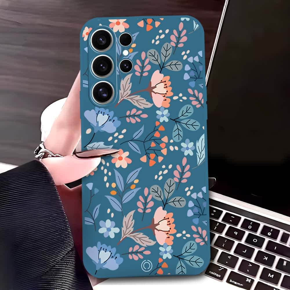 Samsung Galaxy S25 Ultra Cover - Blue - D1 - ONation Floral Series - HQ Liquid Silicone Soft Case - Futurestore.pk