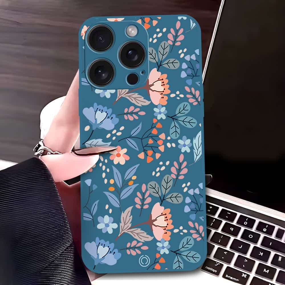iPhone 16 Pro Max Cover - Blue - D1 - ONation Floral Series - HQ Liquid Silicone Soft Case - Futurestore.pk