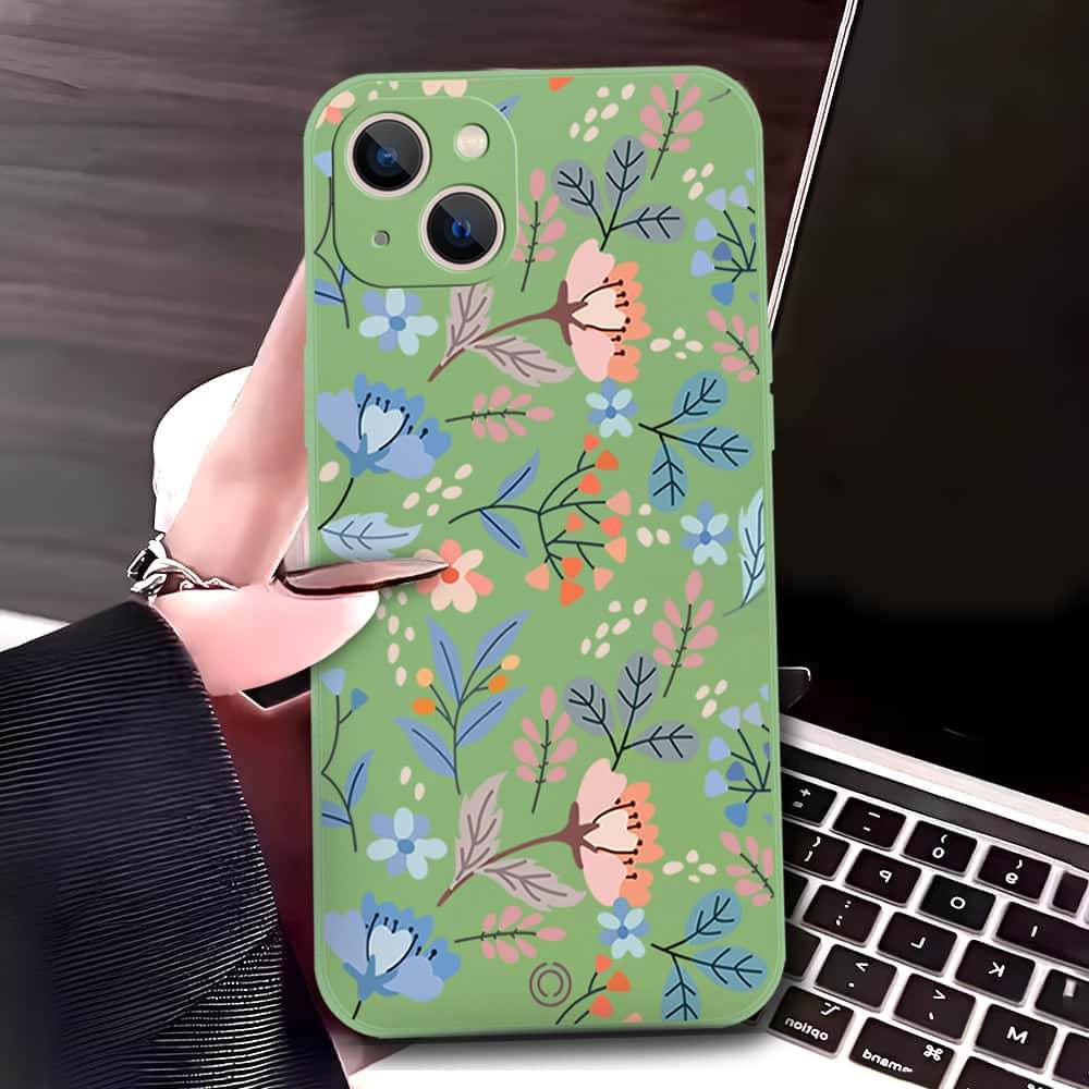 iPhone 13 Cover - Light Green - D1 - ONation Floral Series - HQ Liquid Silicone Soft Case - Futurestore.pk