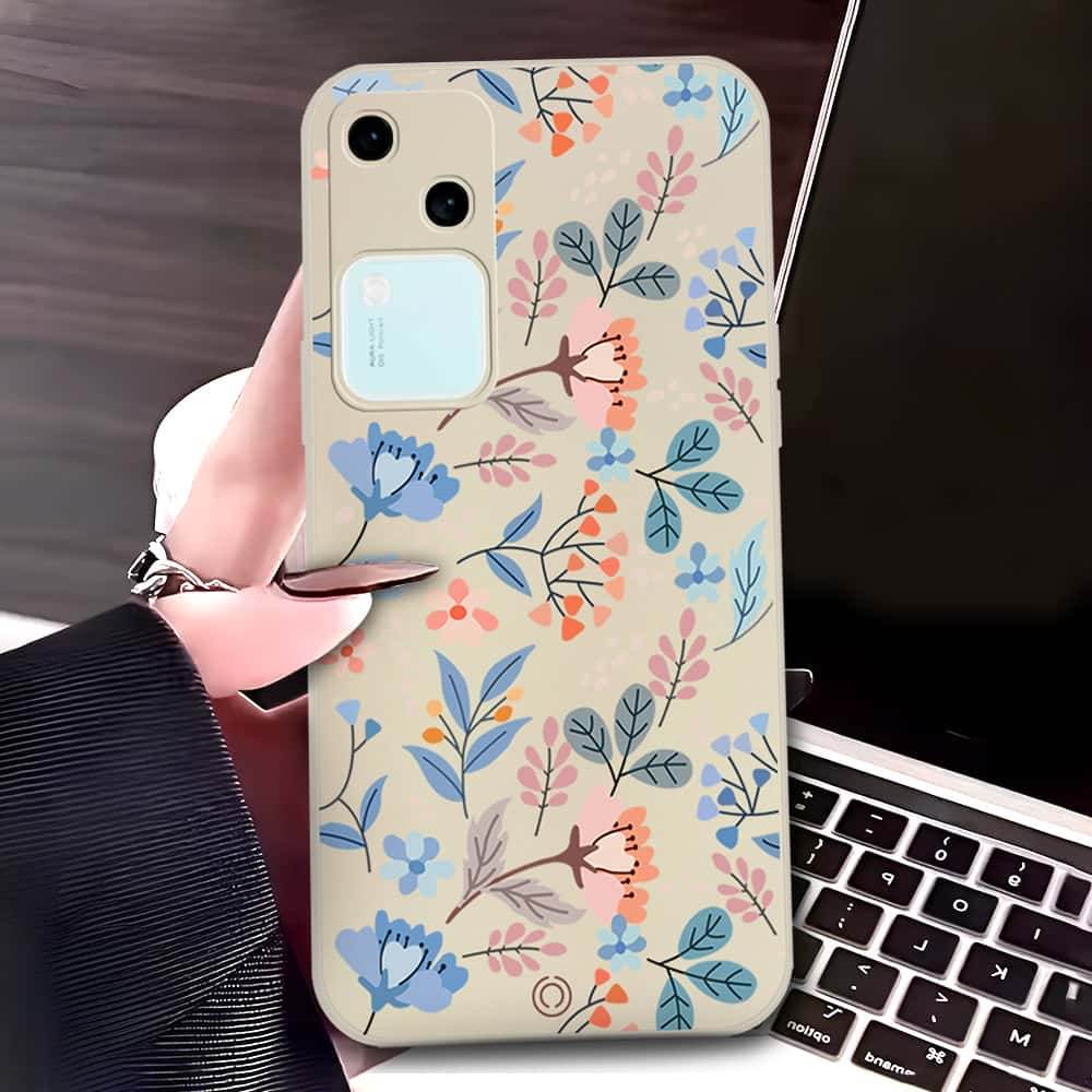 Vivo V30 Cover - Off White - D1 - ONation Floral Series - HQ Liquid Silicone Soft Case - Futurestore.pk