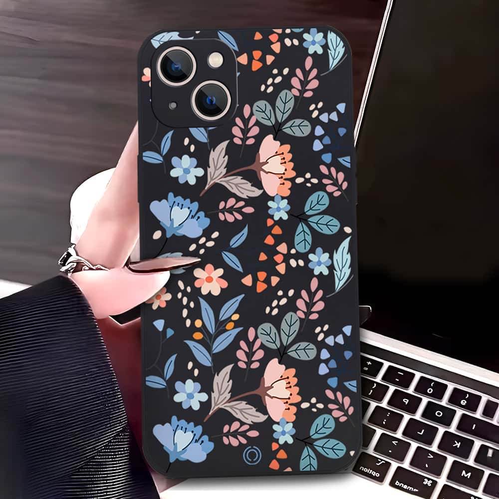 iPhone 13 Cover - Black - D1 - ONation Floral Series - HQ Liquid Silicone Soft Case - Futurestore.pk