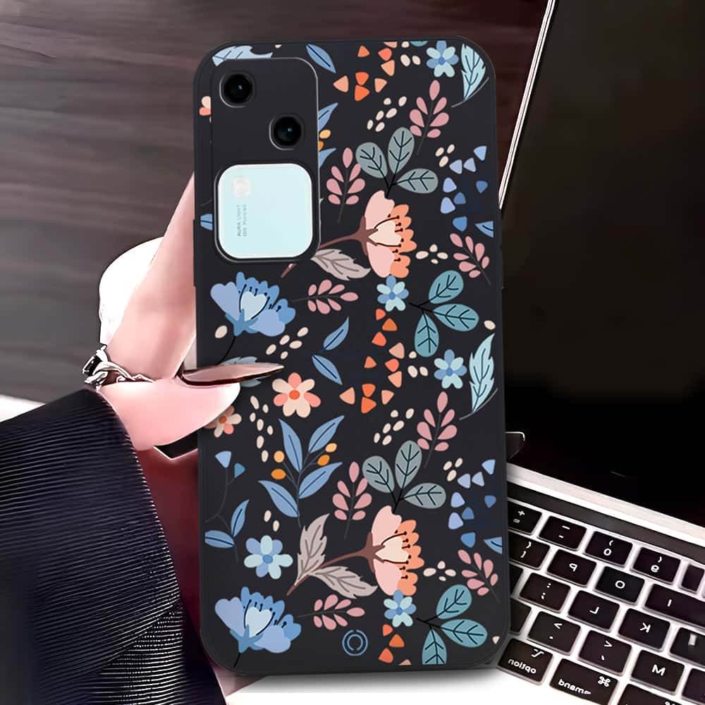 Vivo V30 Cover - Black - D1 - ONation Floral Series - HQ Liquid Silicone Soft Case - Futurestore.pk