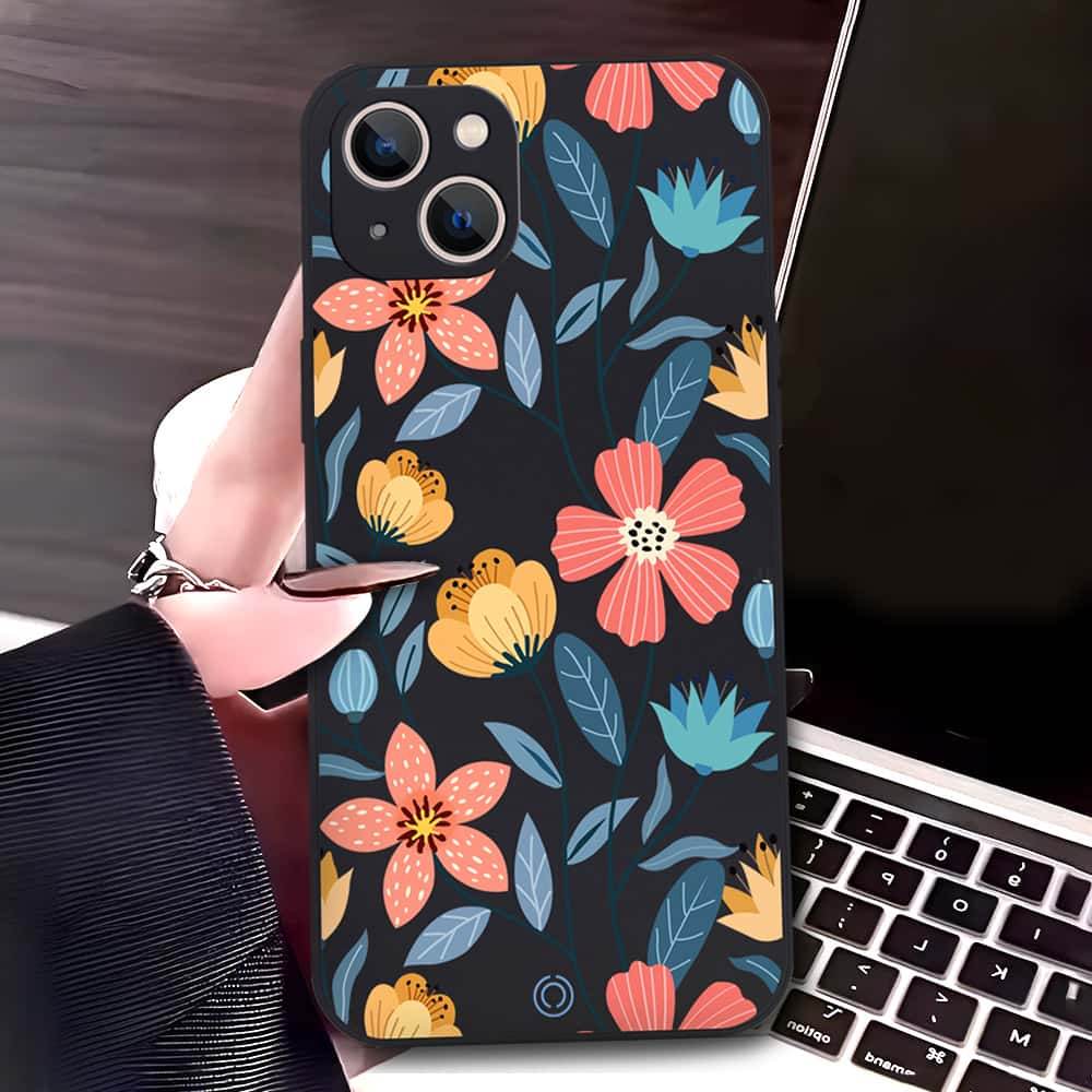 iPhone 13 Cover - Black - D2 - ONation Floral Series - HQ Liquid Silicone Soft Case - Futurestore.pk