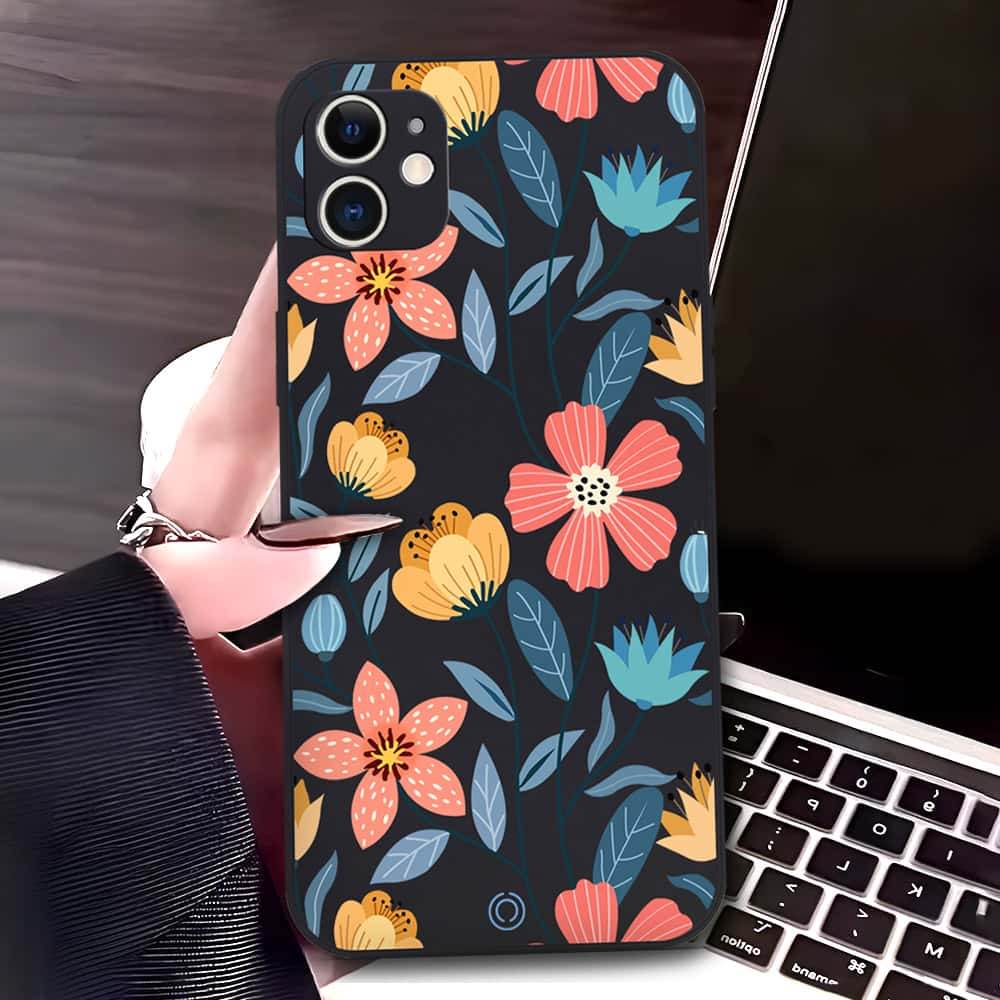 iPhone 11 Cover - Black - D2 - ONation Floral Series - HQ Liquid Silicone Soft Case - Futurestore.pk