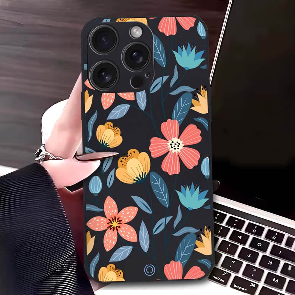 iPhone 16 Pro Max Cover - Black - D2 - ONation Floral Series - HQ Liquid Silicone Soft Case - Futurestore.pk