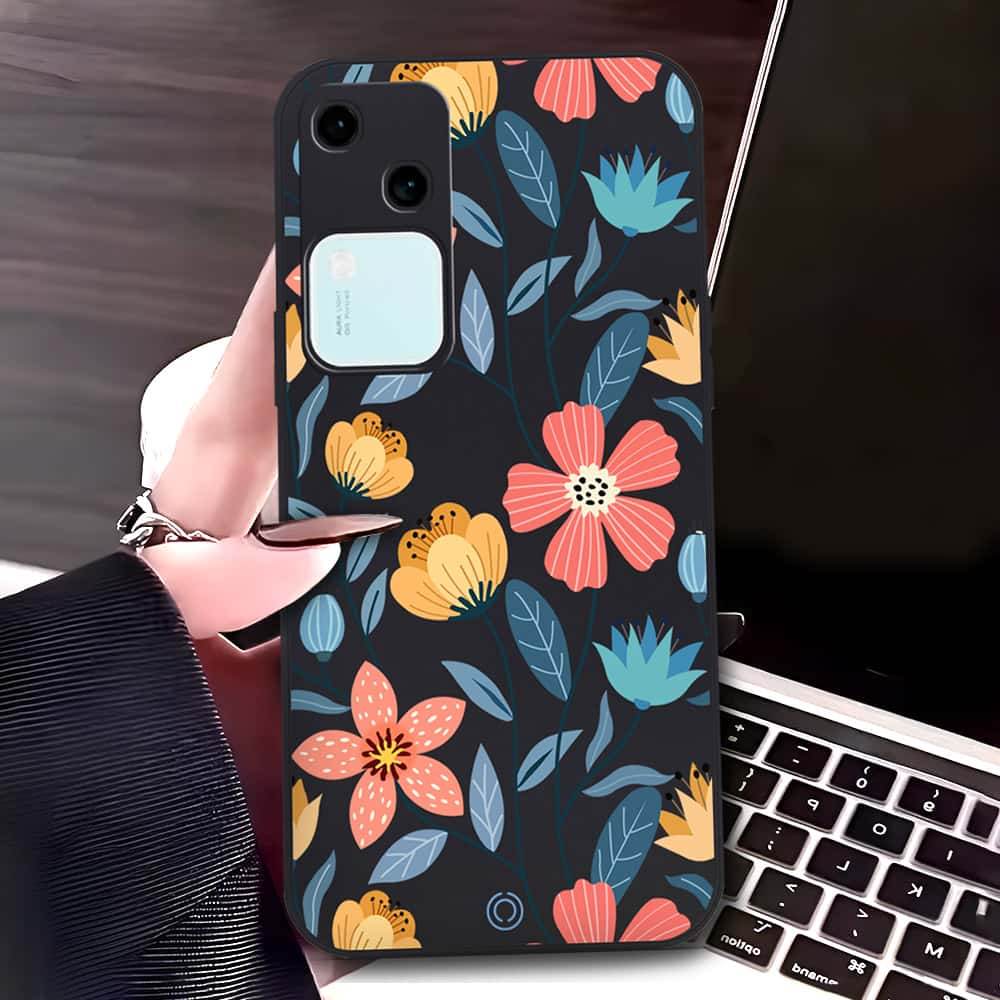 Vivo V30 Cover - Black - D2 - ONation Floral Series - HQ Liquid Silicone Soft Case - Futurestore.pk