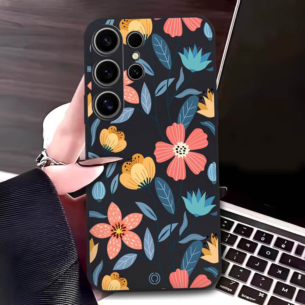 Samsung Galaxy S24 Ultra Cover - Black - D2 - ONation Floral Series - HQ Liquid Silicone Soft Case - Futurestore.pk