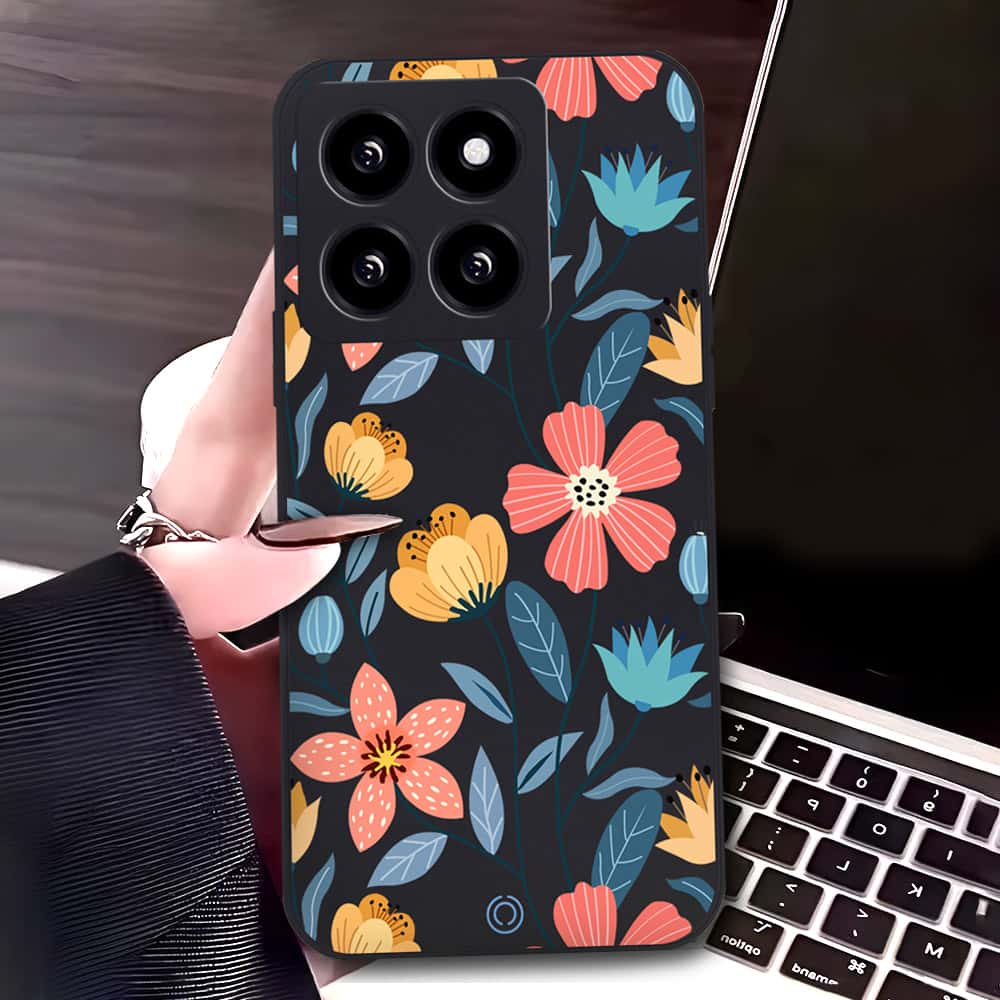 Xiaomi 14 Cover - Black - D2 - ONation Floral Series - HQ Liquid Silicone Soft Case