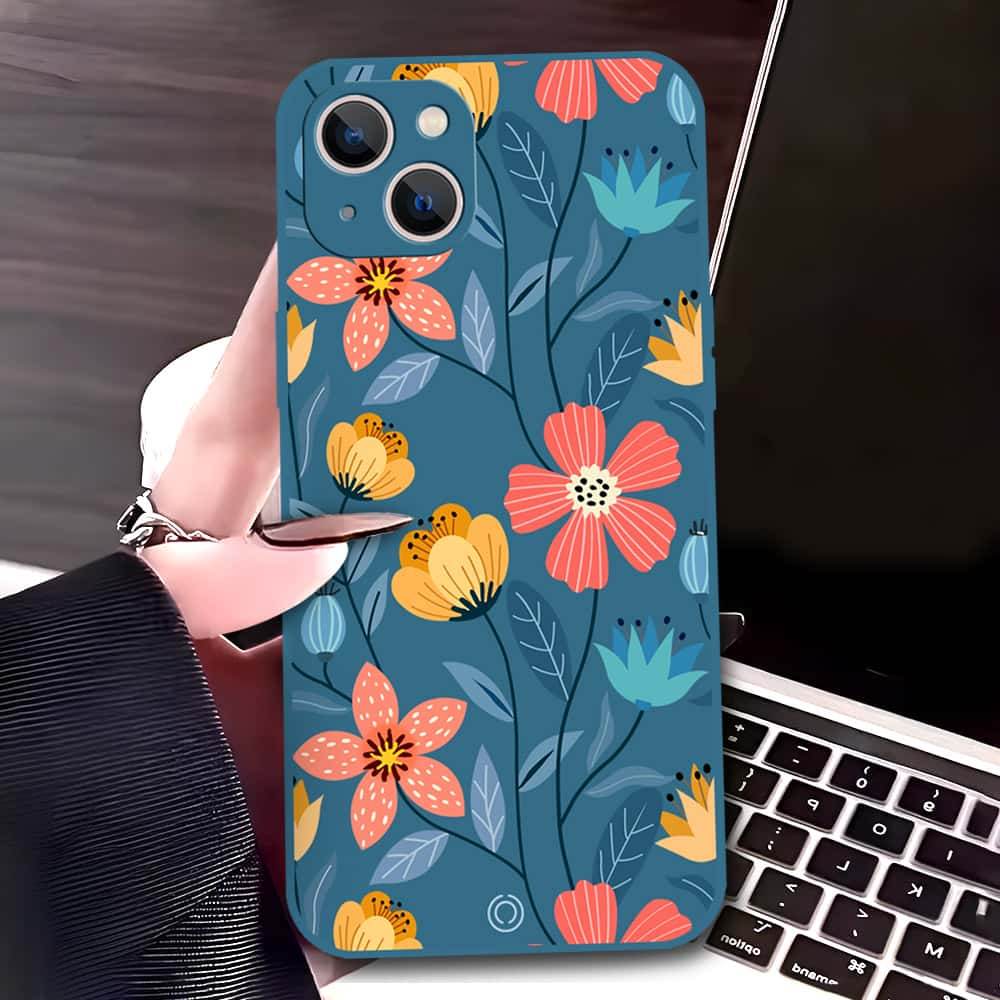 iPhone 13 Cover - Blue - D2 - ONation Floral Series - HQ Liquid Silicone Soft Case - Futurestore.pk