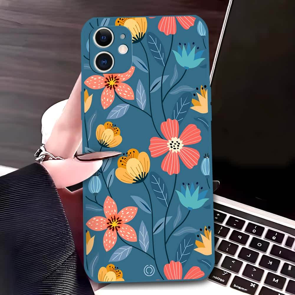 iPhone 11 Cover - Blue - D2 - ONation Floral Series - HQ Liquid Silicone Soft Case - Futurestore.pk