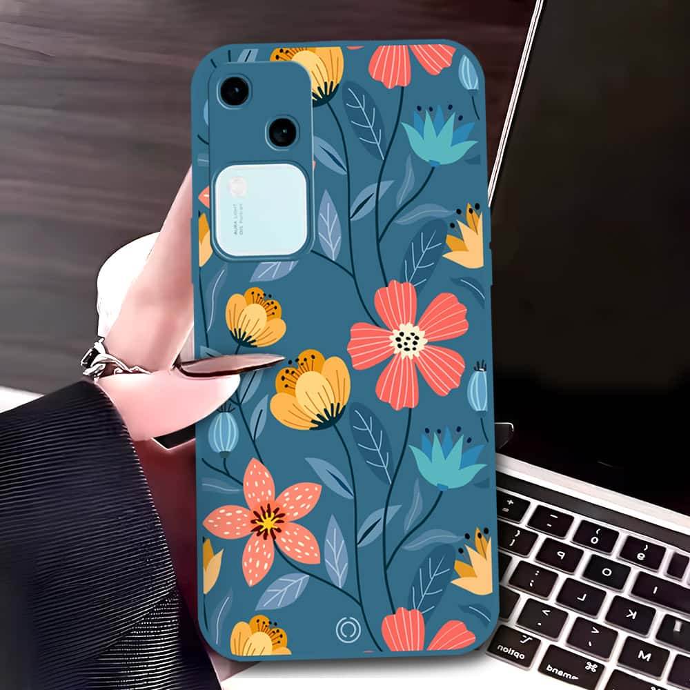 Vivo V30 Cover - Blue - D2 - ONation Floral Series - HQ Liquid Silicone Soft Case - Futurestore.pk