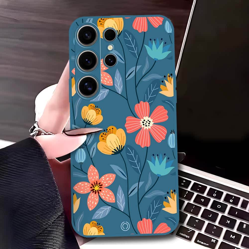 Samsung Galaxy S24 Ultra Cover - Blue - D2 - ONation Floral Series - HQ Liquid Silicone Soft Case - Futurestore.pk