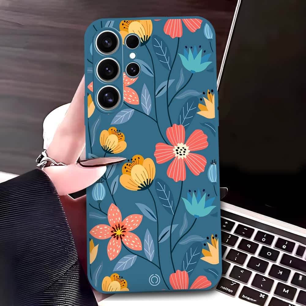 Samsung Galaxy S25 Ultra Cover - Blue - D2 - ONation Floral Series - HQ Liquid Silicone Soft Case - Futurestore.pk