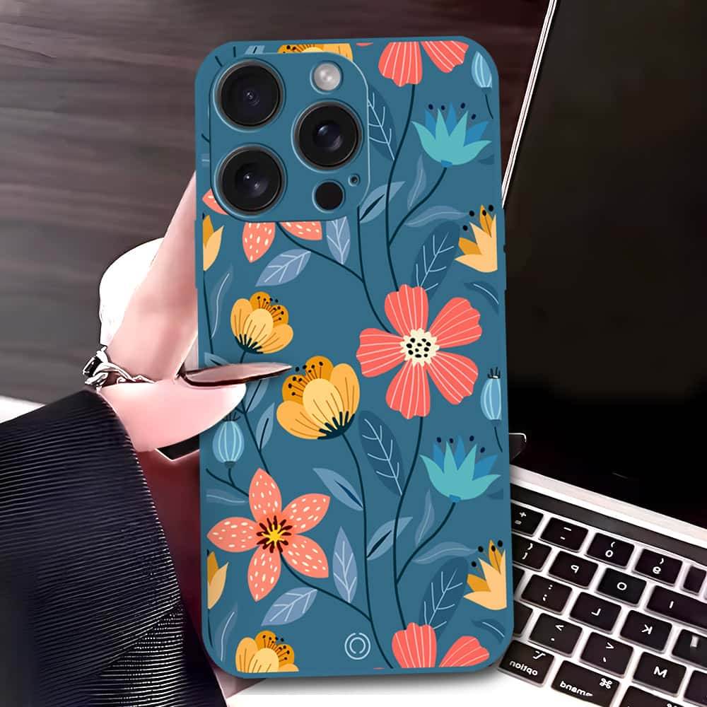 iPhone 16 Pro Max Cover - Blue - D2 - ONation Floral Series - HQ Liquid Silicone Soft Case - Futurestore.pk