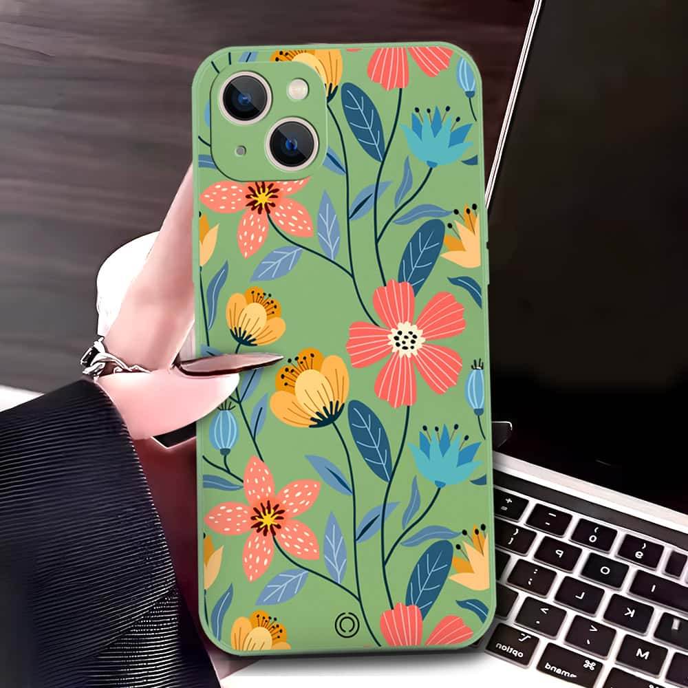 iPhone 13 Cover - Light Green - D2 - ONation Floral Series - HQ Liquid Silicone Soft Case - Futurestore.pk