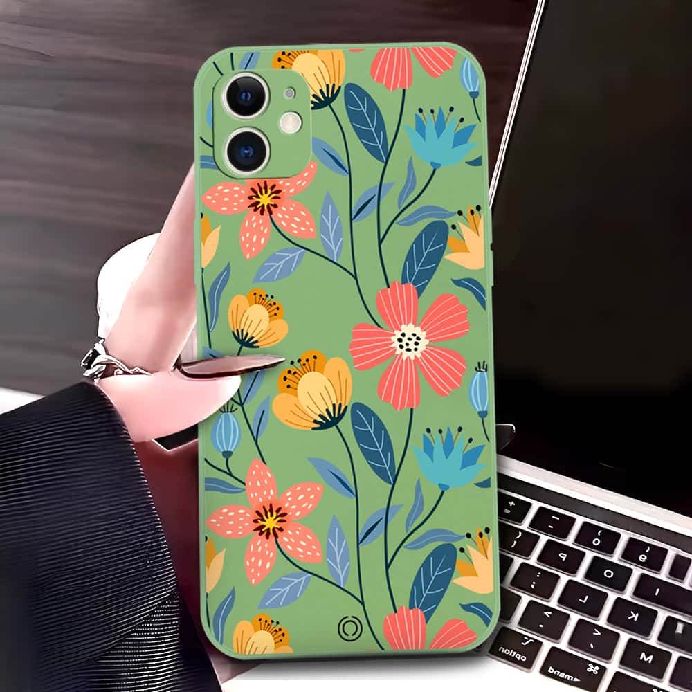 iPhone 11 Cover - Light Green - D2 - ONation Floral Series - HQ Liquid Silicone Soft Case - Futurestore.pk
