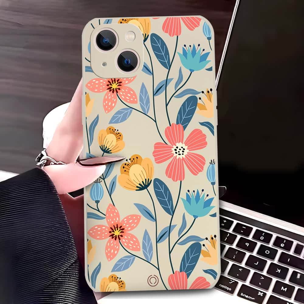 iPhone 13 Cover - Off White - D2 - ONation Floral Series - HQ Liquid Silicone Soft Case - Futurestore.pk