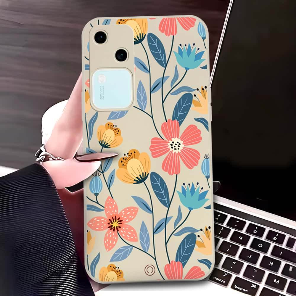 Vivo V30 Cover - Off White - D2 - ONation Floral Series - HQ Liquid Silicone Soft Case - Futurestore.pk