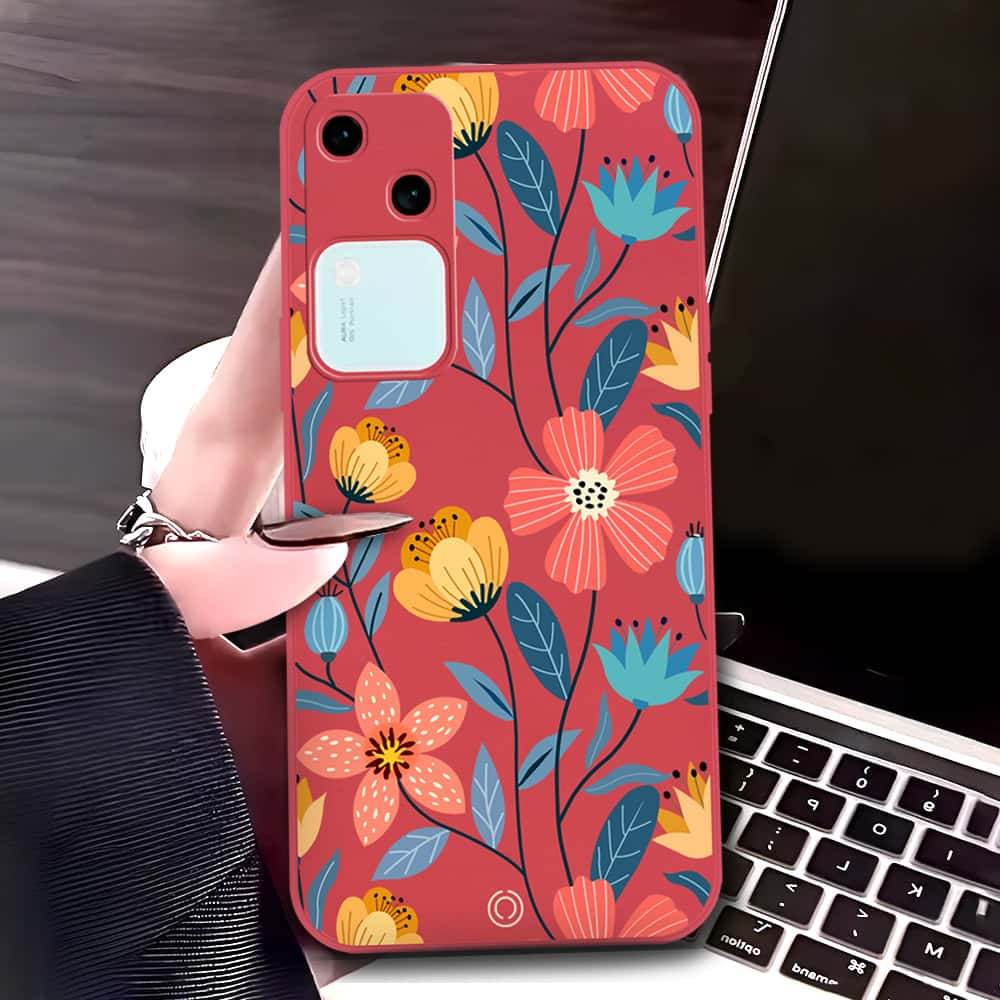 Vivo V30 Cover - Red - D2 - ONation Floral Series - HQ Liquid Silicone Soft Case - Futurestore.pk