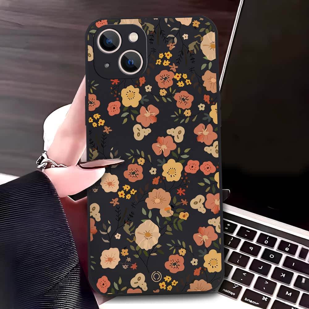 iPhone 13 Cover - Black - D3 - ONation Floral Series - HQ Liquid Silicone Soft Case - Futurestore.pk