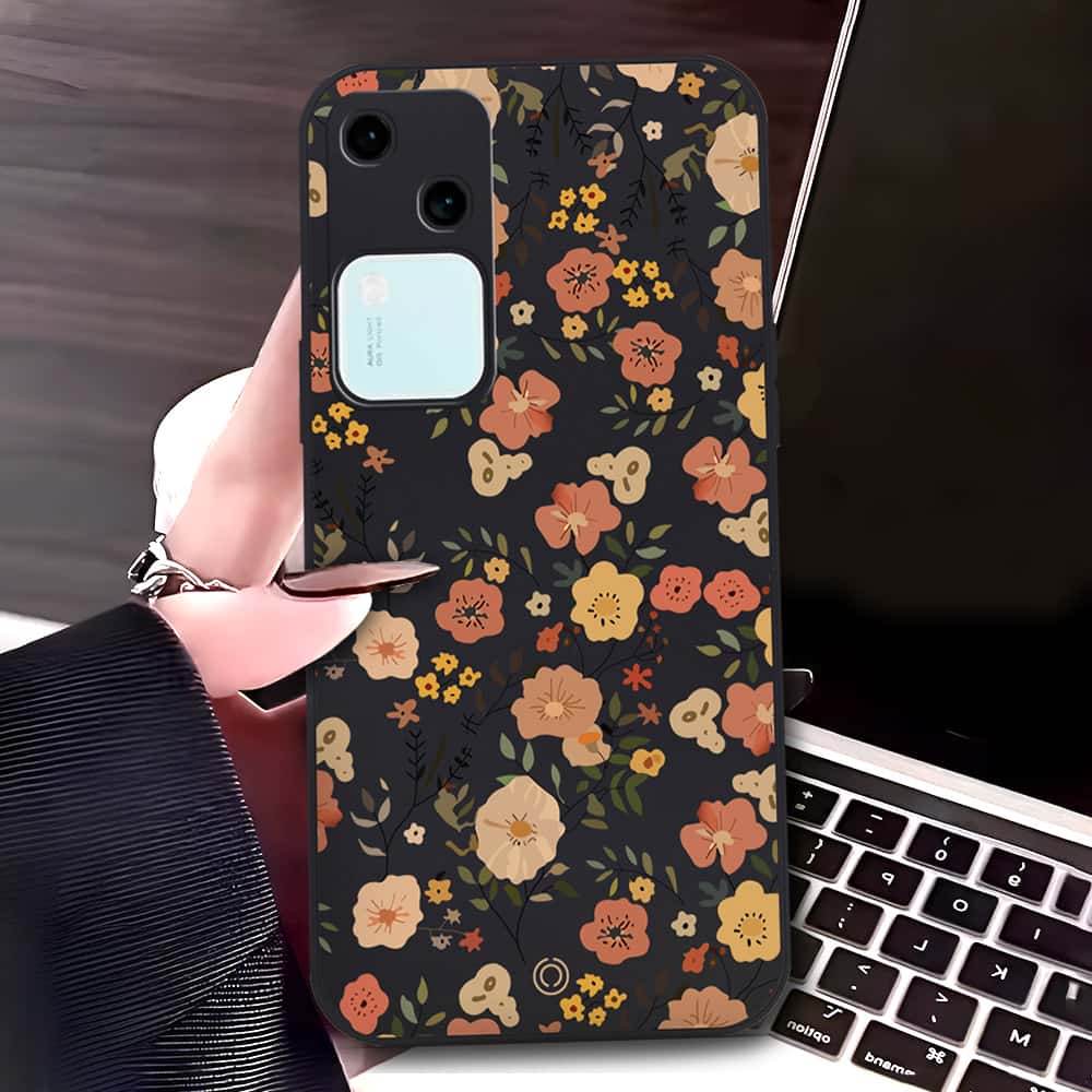 Vivo V30 Cover - Black - D3 - ONation Floral Series - HQ Liquid Silicone Soft Case - Futurestore.pk