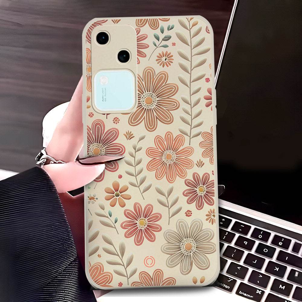 Vivo V30 Cover - Off White - D4 - ONation Floral Series - HQ Liquid Silicone Soft Case - Futurestore.pk