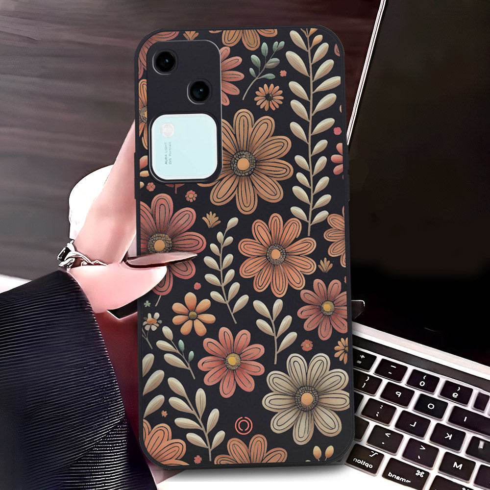 Vivo V30 Cover - Black - D4 - ONation Floral Series - HQ Liquid Silicone Soft Case - Futurestore.pk