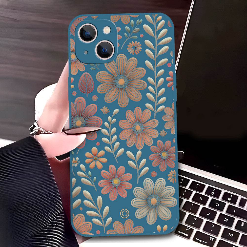 iPhone 13 Cover - Blue - D4 - ONation Floral Series - HQ Liquid Silicone Soft Case - Futurestore.pk