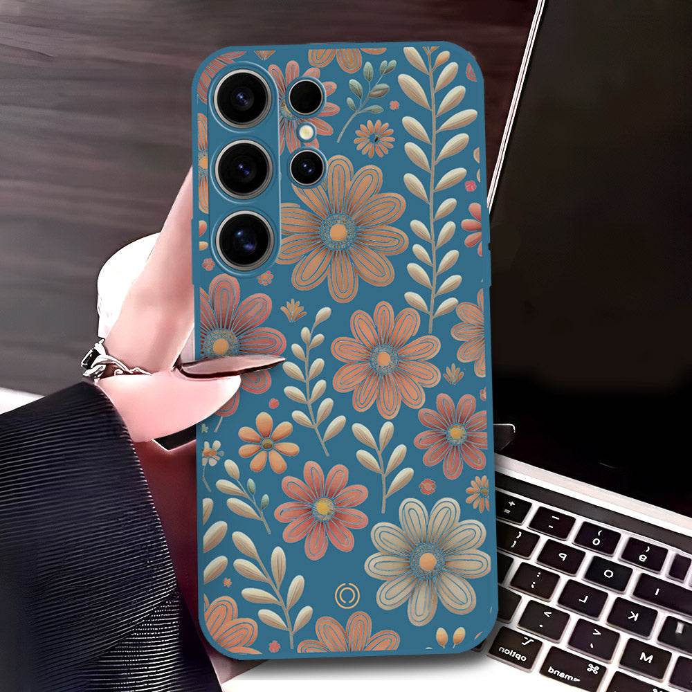 Samsung Galaxy S24 Ultra Cover - Blue - D4 - ONation Floral Series - HQ Liquid Silicone Soft Case - Futurestore.pk