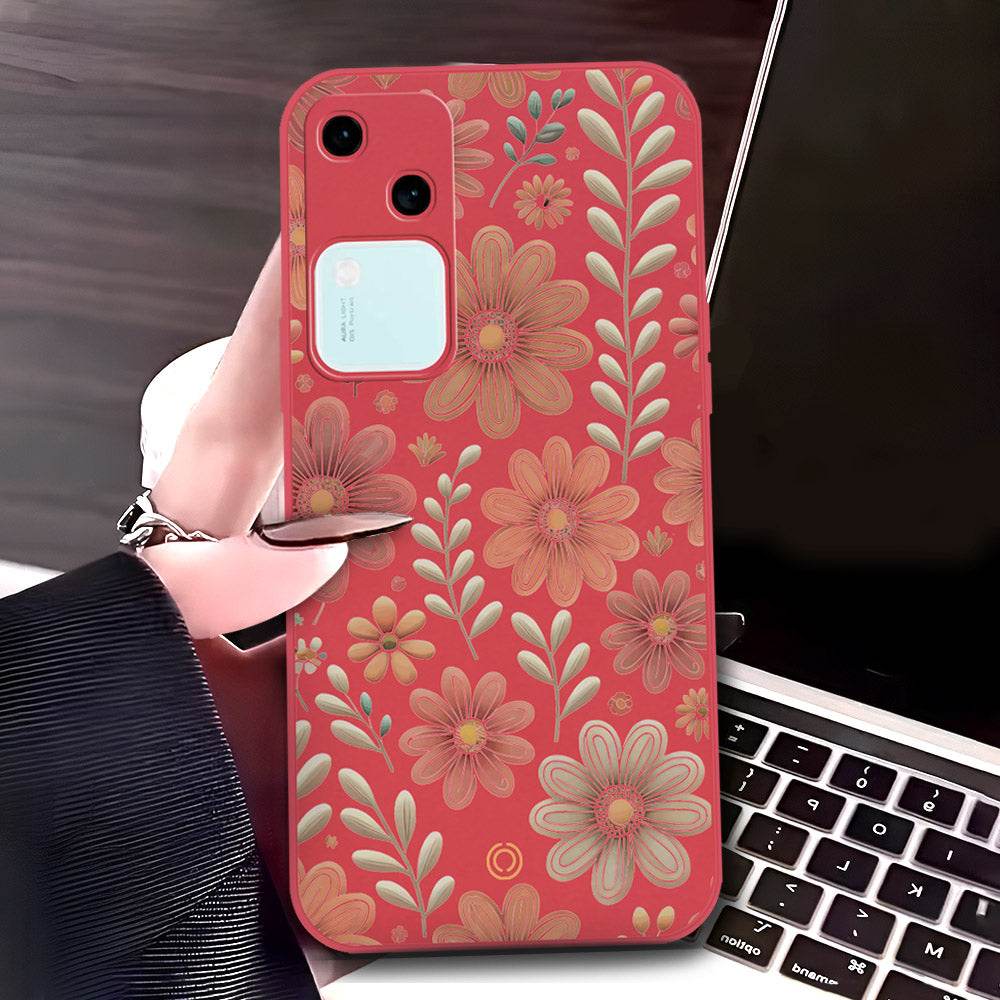 Vivo V30 Cover - Red - D4 - ONation Floral Series - HQ Liquid Silicone Soft Case - Futurestore.pk