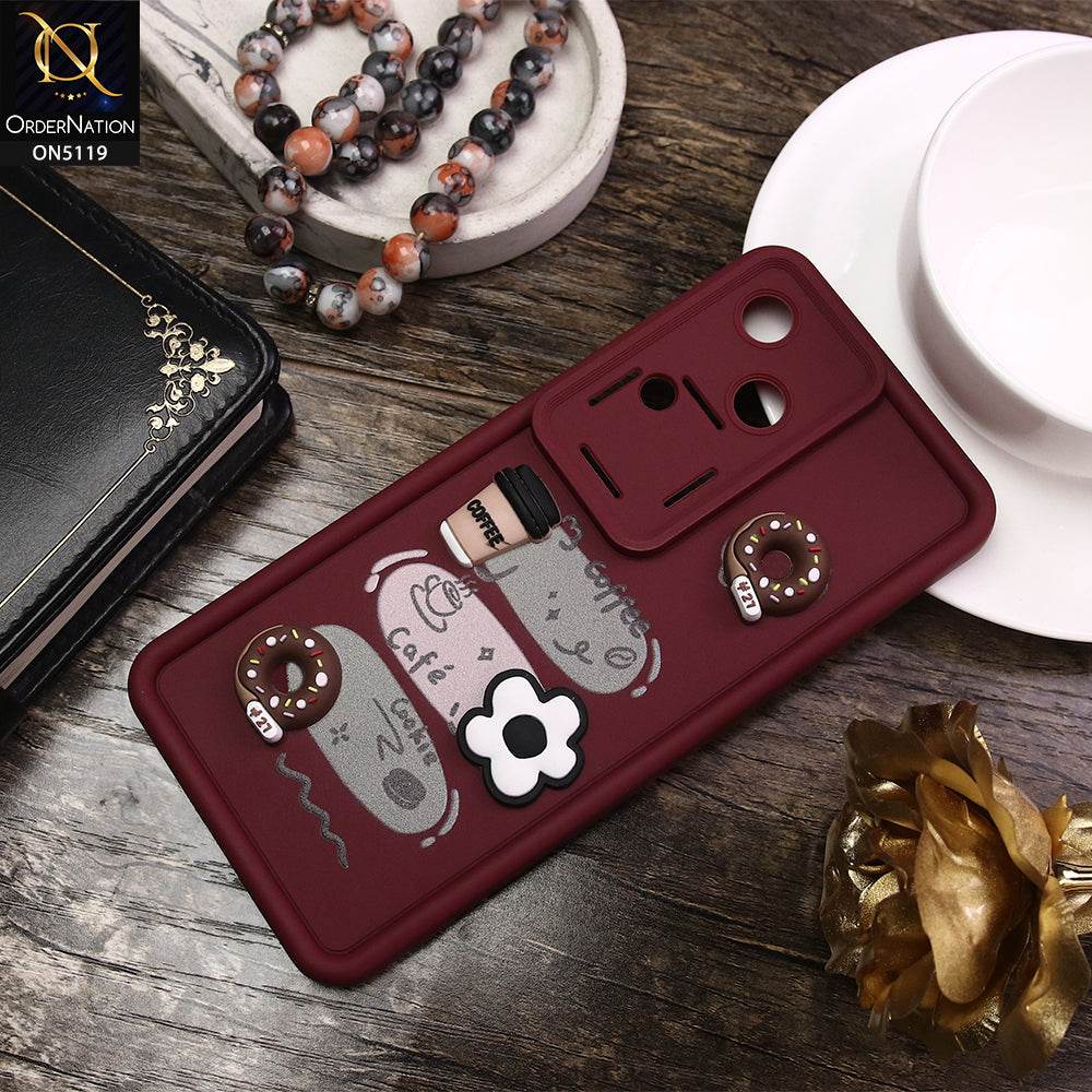 Vivo V30 Cover - Maroon - D2 - Cute 3D Donut Coffee Soft Silicon Case with Camera Protection - Futurestore.pk