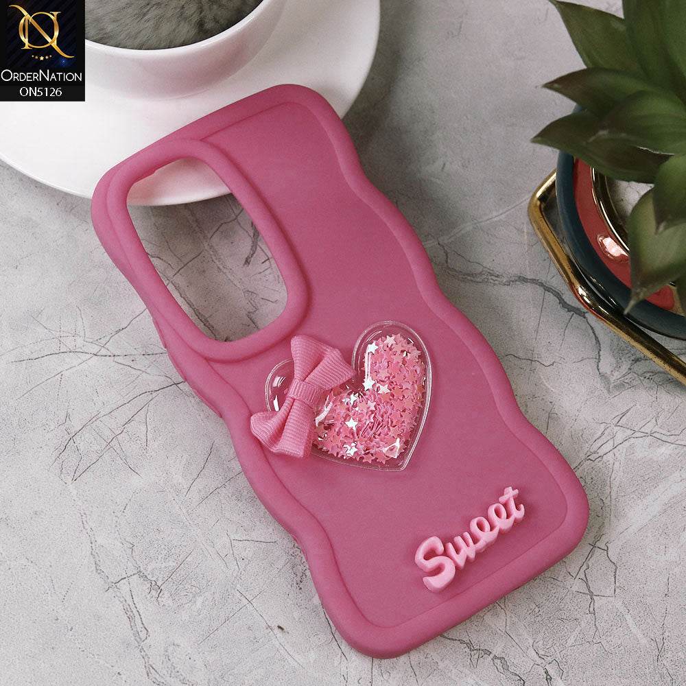 Vivo V30 Cover - Dark Pink - New Trendy 3D Love Heart (Moving Shiny Stars Glitter) & Bow Sweet Candy Color Soft Silicon Case - Futurestore.pk