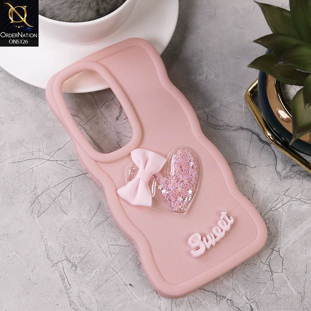 Vivo V30 Cover - Pink - New Trendy 3D Love Heart (Moving Shiny Stars Glitter) & Bow Sweet Candy Color Soft Silicon Case - Futurestore.pk