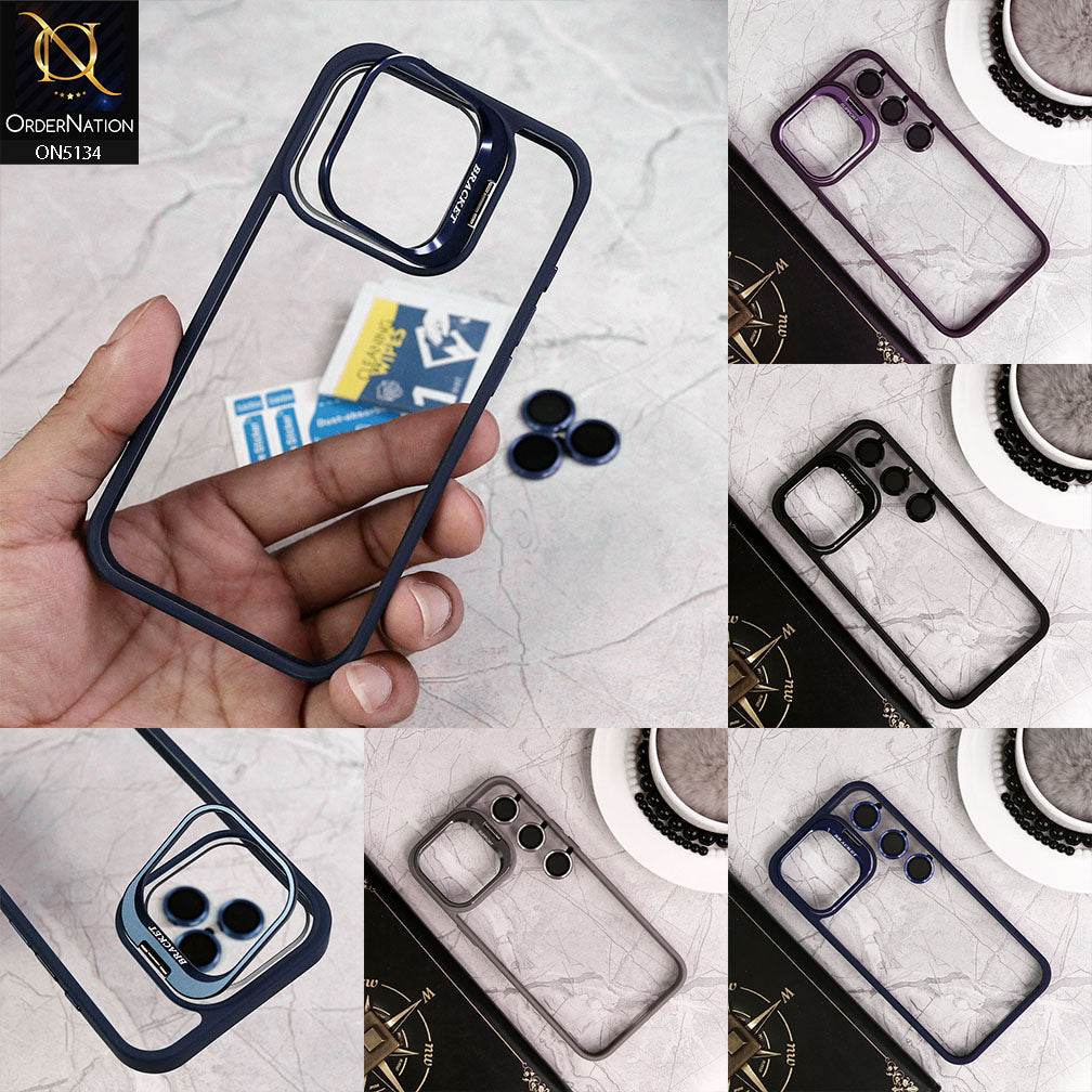 iPhone 15 Cover - Gray - Metal Camera Bracket Stand Soft Colour Borders with Camera Lens Protectors - Futurestore.pk
