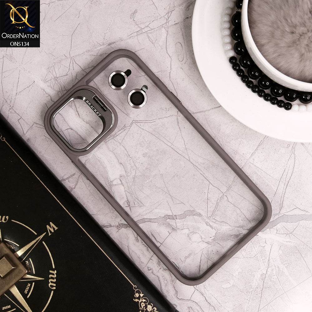 iPhone 15 Cover - Gray - Metal Camera Bracket Stand Soft Colour Borders with Camera Lens Protectors - Futurestore.pk