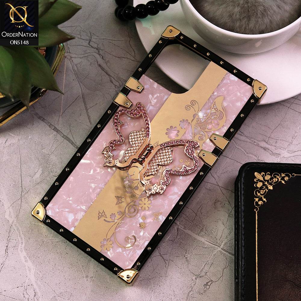 iPhone 13 Cover - Pink - Luxury Shiny Rhinestone Butterfly Electroplated Square Trunk Soft Case - Futurestore.pk