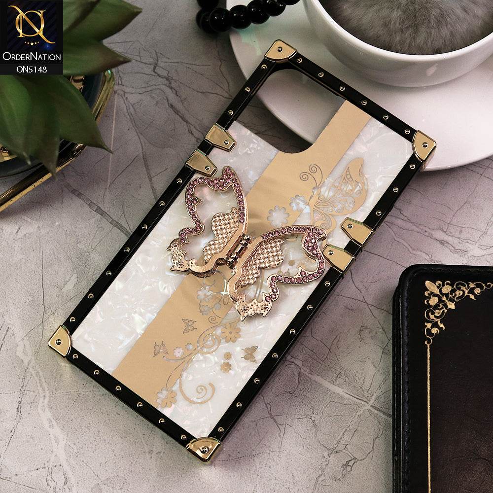 iPhone 13 Cover - White - Luxury Shiny Rhinestone Butterfly Electroplated Square Trunk Soft Case - Futurestore.pk