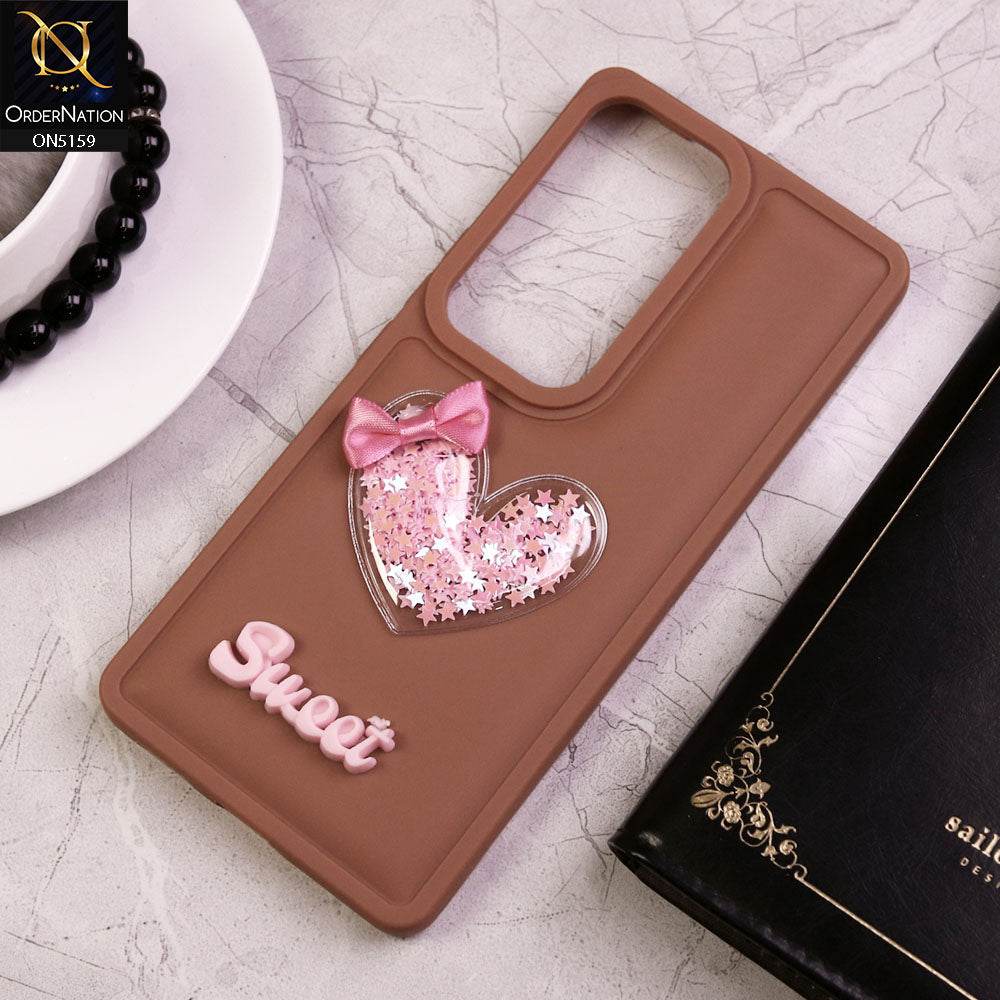 Vivo V30 Cover - Brown - New Trendy 3D Love Heart (Moving Shiny Stars Glitter) & Bow Candy Color Soft Silicon Case - Futurestore.pk