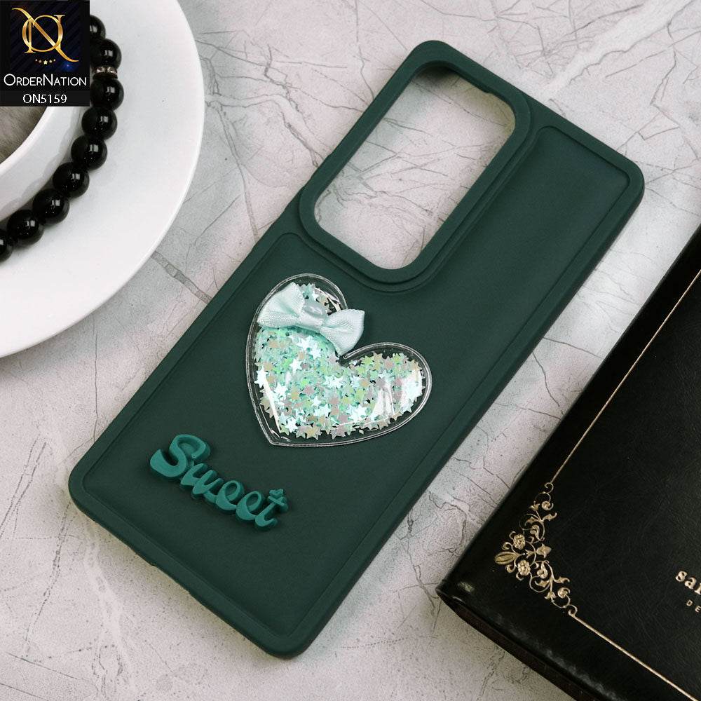Vivo V30 Cover - Green - New Trendy 3D Love Heart (Moving Shiny Stars Glitter) & Bow Candy Color Soft Silicon Case - Futurestore.pk
