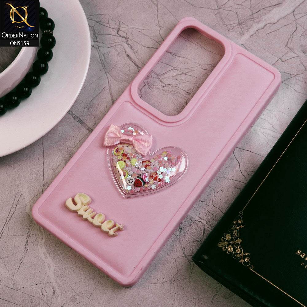 Vivo V30 Cover - Pink - New Trendy 3D Love Heart (Moving Shiny Stars Glitter) & Bow Candy Color Soft Silicon Case - Futurestore.pk