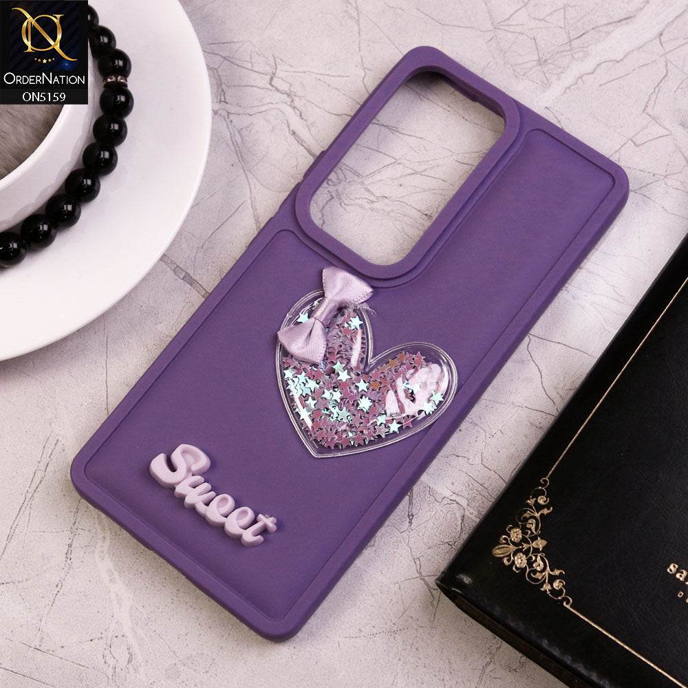 Vivo V30 Cover - Purple - New Trendy 3D Love Heart (Moving Shiny Stars Glitter) & Bow Candy Color Soft Silicon Case - Futurestore.pk
