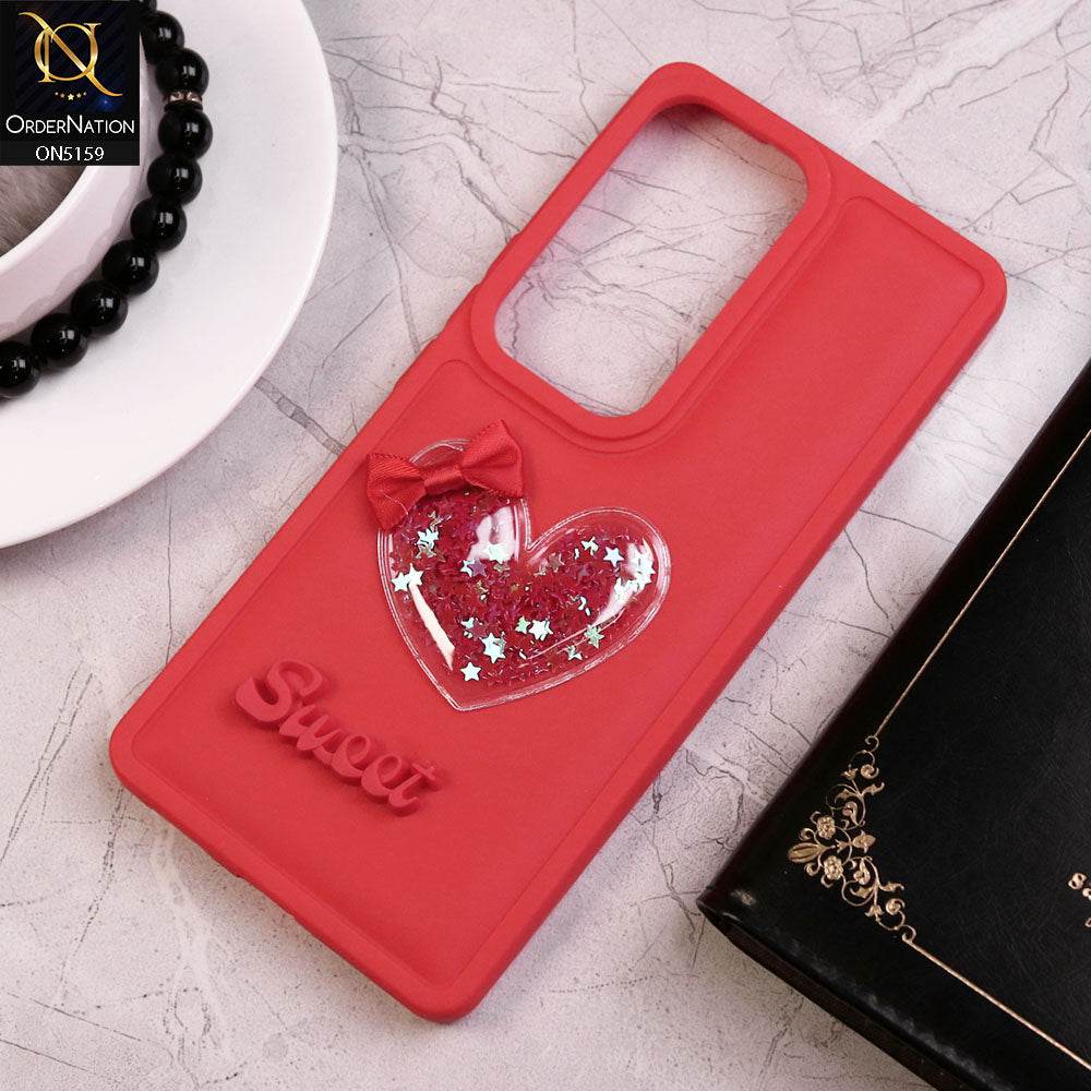 Vivo V30 Cover - Red - New Trendy 3D Love Heart (Moving Shiny Stars Glitter) & Bow Candy Color Soft Silicon Case - Futurestore.pk