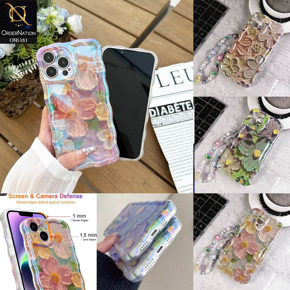 iPhone 13 Cover - Design1 - New Holographic Shine Oil Painting Flowers Design Curvy Borders Protective Case With Tussle Holder