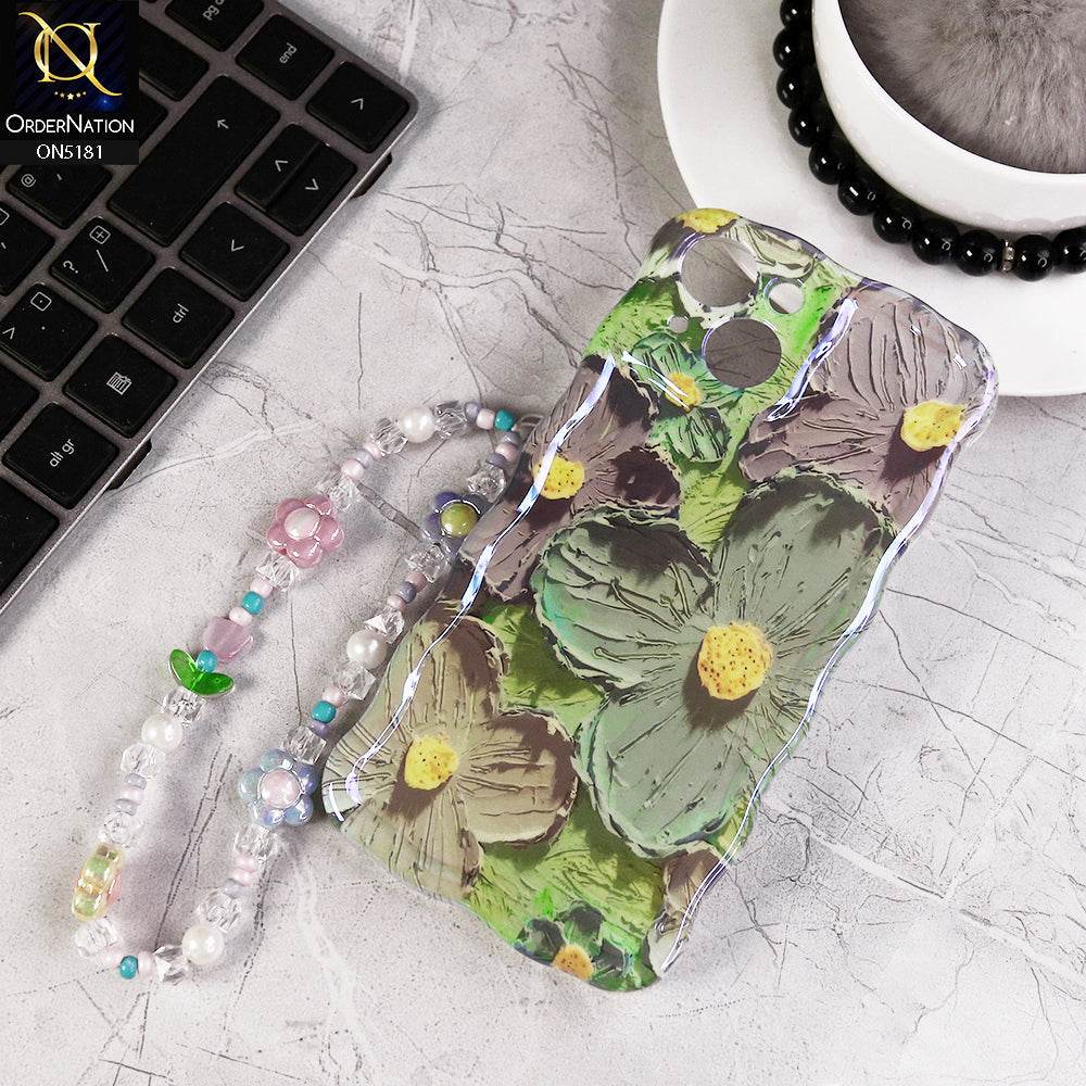 iPhone 13 Cover - Design2 - New Holographic Shine Oil Painting Flowers Design Curvy Borders Protective Case With Tussle Holder - Futurestore.pk