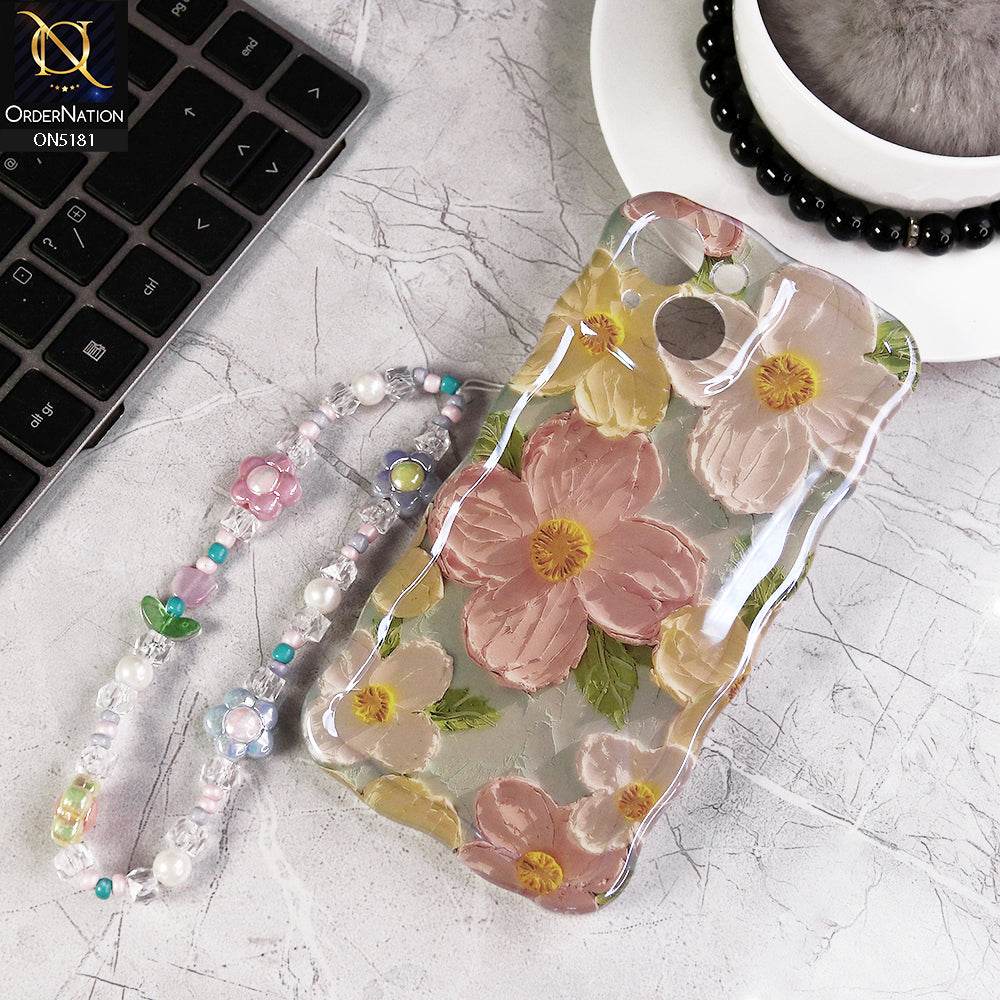 iPhone 13 Cover - Design3 - New Holographic Shine Oil Painting Flowers Design Curvy Borders Protective Case With Tussle Holder - Futurestore.pk