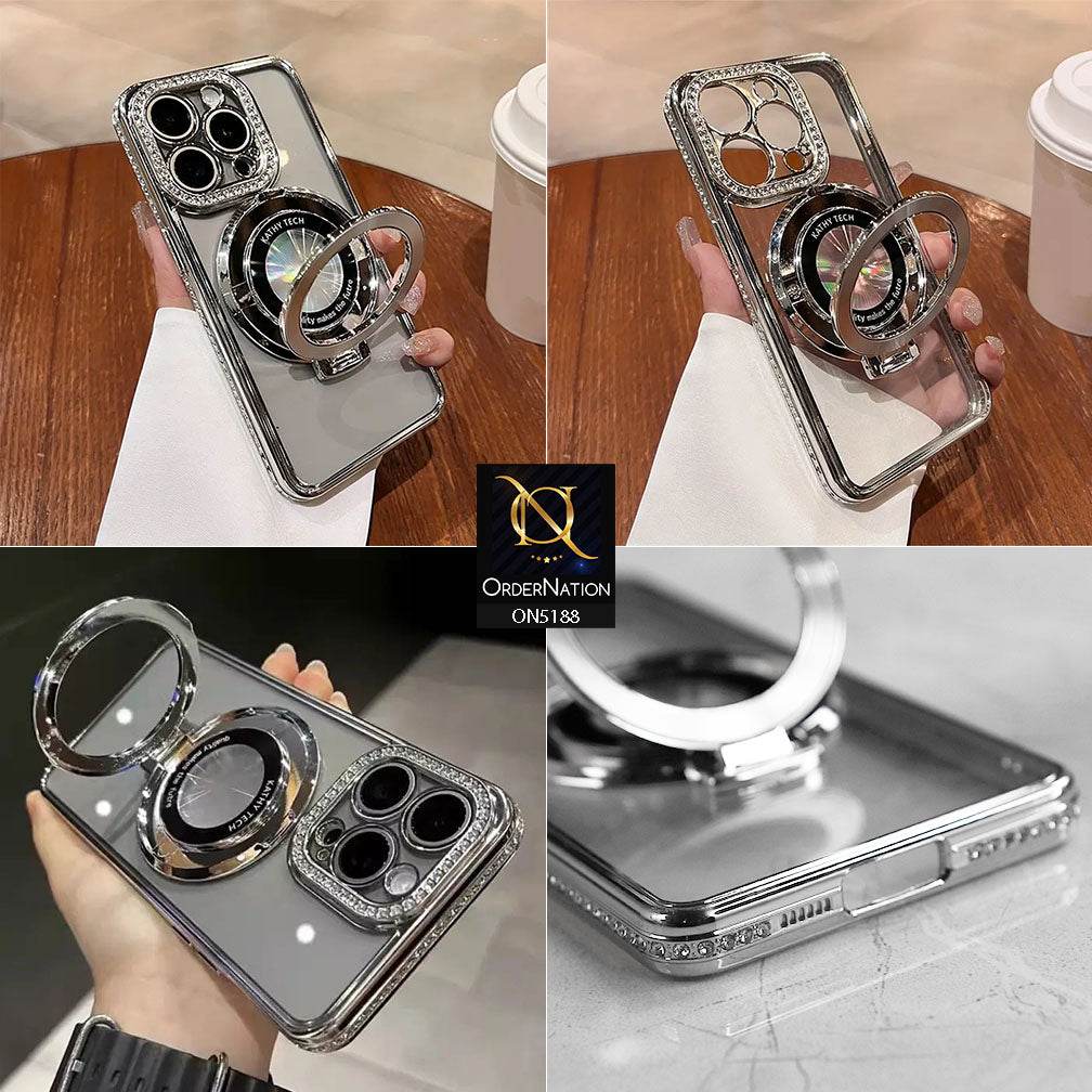 iPhone 13 Cover - Silver - Luxury Diamond Rhinestones Color Electroplating Borders Magsafe Magnetic Stand Holder Soft Clear Case With Camera Protection - Futurestore.pk