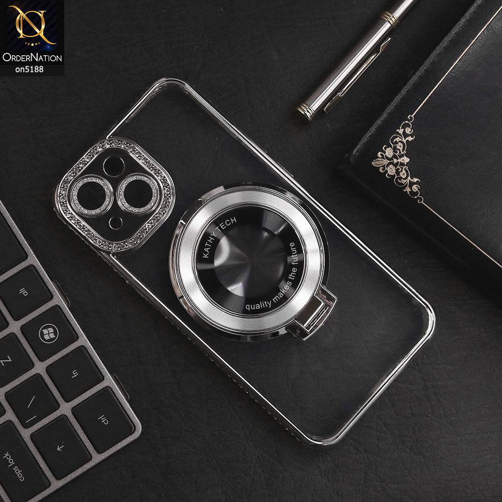 iPhone 13 Cover - Silver - Luxury Diamond Rhinestones Color Electroplating Borders Magsafe Magnetic Stand Holder Soft Clear Case With Camera Protection - Futurestore.pk