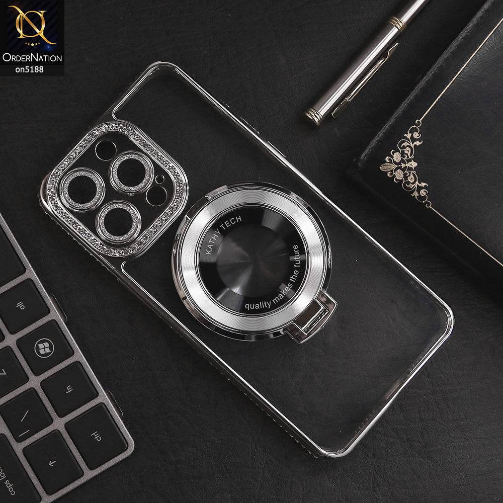iPhone 16 Pro Max Cover - Silver - Luxury Diamond Rhinestones Color Electroplating Borders Magsafe Magnetic Stand Holder Soft Clear Case With Camera Protection - Futurestore.pk